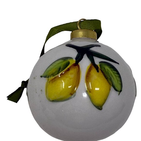 Hand-Painted Ceramic Lemon Ornament Green Ribbon Christmas Bulb Ball White - Picture 2 of 5